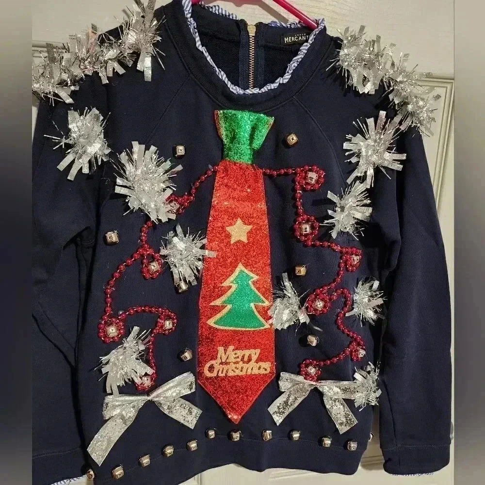 1 ofa Kind Custom Handmade Ugly Christmas Sweater Glitter Tinsel Bells Women's L
